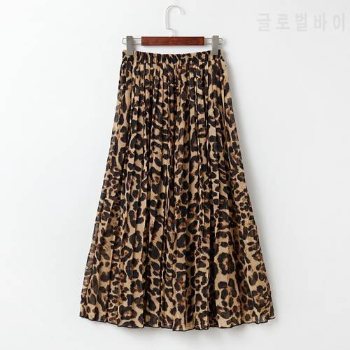 Women Pleated Leopard Skirts Vintage Elastic Waist A Line Chiffon Beach Long Skirt Casual Loose Maxi Skirts Female Korea Fashion