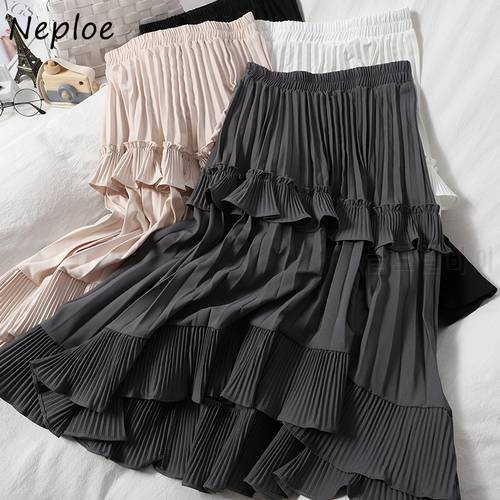 Neploe 2023 New Autumn Pleated Skirt High Waist Irregular Hem Flouncing Women Long Skirts Women Fashion Faldas Jupe Femme 1F658