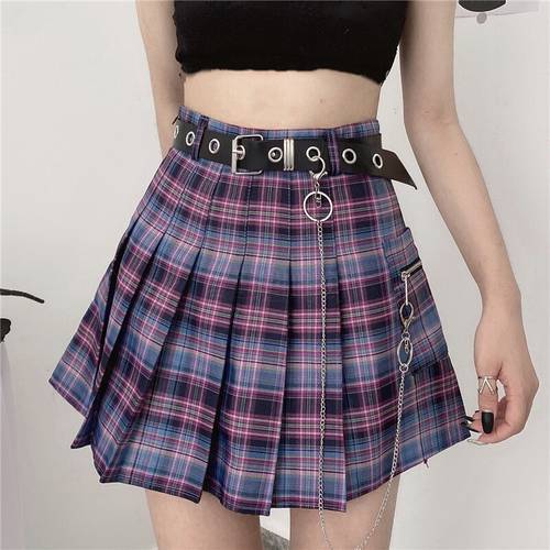 Harajuku plaid skirt female 2021 new y2k high waist mini tennis skirts uniform chain pocket a line streetwear vintage free belt