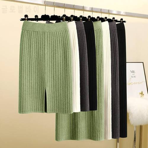 2022 Women&39s Spring Pencil Knitted Skirt High Waist Warm Elegant Knitting Ribbed Party Skirt Black Solid Ladies Office Skirts