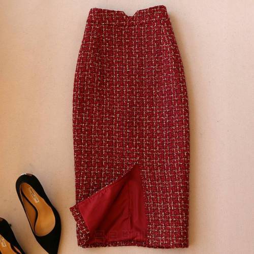 New arrival tweed woolen skirt women High waist office lady split pencil skirt