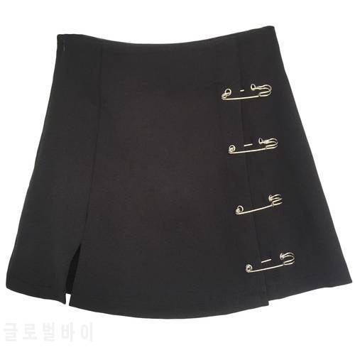 Flectit Punk Rock Style Safety Pin A-Line Mini Skirt with Side Split High Waisted Collins Skirt Women Harajuku Street Wear