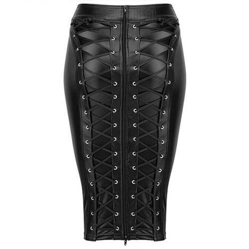 Womens Knee Length Wet Look Stretch Black PU Leather Skirt 2021 Back Lace Up Zipper Bandage Bodycon Faux Leather Skirts Ladies