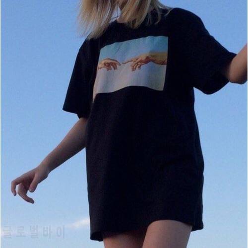 kuakuayu HJN Michelangelo Hands Printed T-Shirt Women Tumblr Grunge Graphic Tee Casual Oversize Black Tops