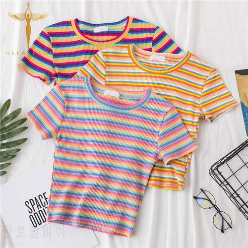 Women T-Shirt Cotton Kawaii Rainbow Striped Tops y2k Harajuku Tshirt Summer Short Sleeve Navel Skinny Stitching Korean Punk 2022
