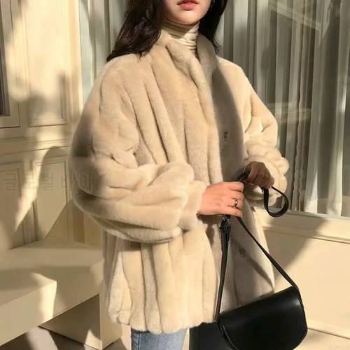 Autumn Winter Faux Fur Furry Coat Women&39s Winter Mid-length Stand-up Collar Plush Fleece Mink Fur Loose Korean Version