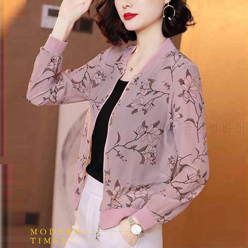 2022 Fashion Summer Chiffon Print Basic Jacket Women Thin Long Sleeve Loose Female Office Bomber Zipper Sunscreen Jacket Outwear