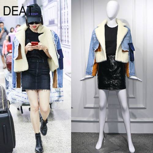 DEAT 2023 Autumn sheep fur turn-down collar full sleeves denim blue patchwork spliced clothes letters printed coat trench WJ1020