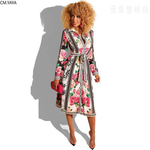 2020 Spring Summer Midi Dress Turn-down Collar Long Sleeve Floral Print Casual Beach Lace Up Loose Shirt Pleated Dresses GL886