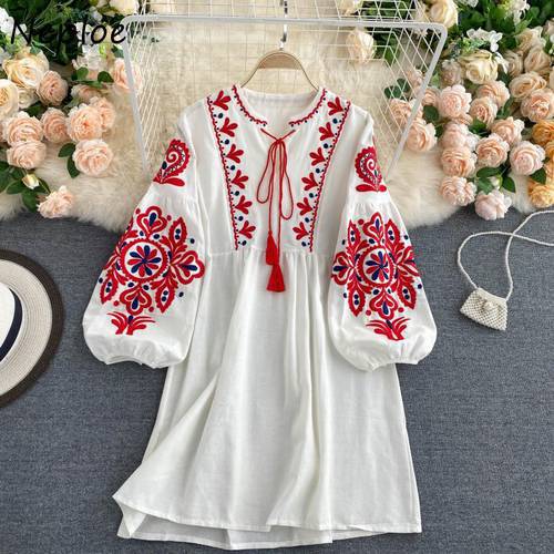 Neploe Bohemian Chic Flower Embroidery Lace Up Dress O-neck Elegant Femme Vestidos 2023 Fashion New Panelled Dresses Women