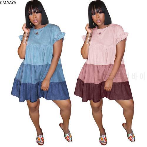 CM.YAYA Women Patchwork O-neck Cascading Ruffles Loose A-line Denim Short Sleeve Mini Dress Classic Streetwear Dresses
