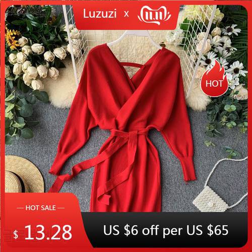 Luzuzi Autumn Winter Women Knitted Sweater Dress 2022 New Korean Long Batwing Sleeve V Neck Elegant Dress Ladies Bandage Dress