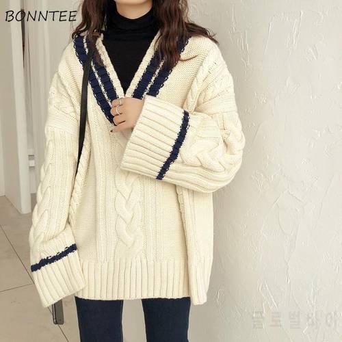 Sweaters Women Korean Patchwork Design V-neck Thicker Soft Winter Fall Vintage Flare Sleeve Lady Knitwear Preppy Femme Pullovers