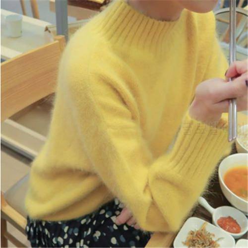 JSXDHK New Korean Women Knitted Sweater Autumn Winter Yellow Mink Cashmere Soft Warm Pullovers Casual Loose Stand Collar Tops