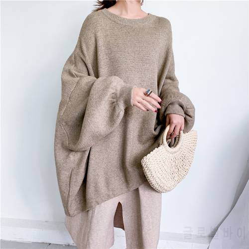 LANMREM 2023 Spring New Fashion Solid Color Round Neck Pullover Bat Sleeve Long Knit Sweater Women PB615