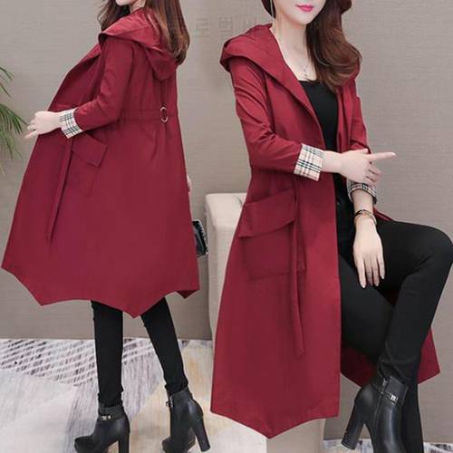 Spring and Autumn New Women&39s Korean medium long windbreaker loose lace up thin hooded thin coat