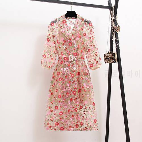 Runway Gauze Flower Embroidery Trench Coat Women Double-breasted Notched Lantern Sleeve Belt Mesh Pink Long Coat Outerwear