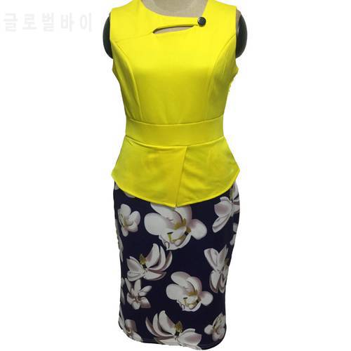 Patchwork One Piece Bodycon Pencil Dress Women Yellow / Red Print O Neck Sleeveless Casual Floral Elegant Office Lady Dresses
