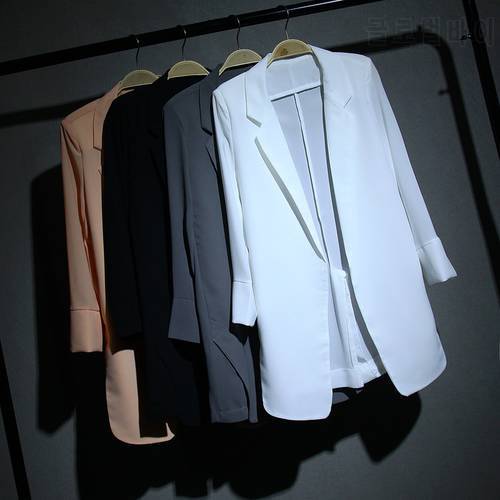 2021 Spring Summer Mid-long All-matched New Chiffon Blazers Suit Women Coat Thin Loose White Suit Office Lady Wear
