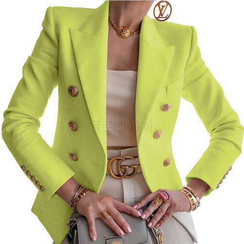New Designer Yellow Blazer Women Classic Silver Double-breasted Button Work Office Lady Formal Women Blazers High Quality