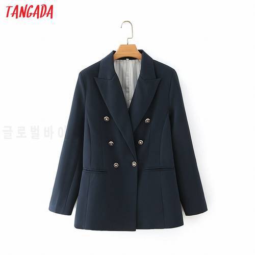Tangada Women 2020 Fashion Fit Navy Blazer Coat Vintage Double Breasted Long Sleeve Female Outerwear Chic Tops DA170