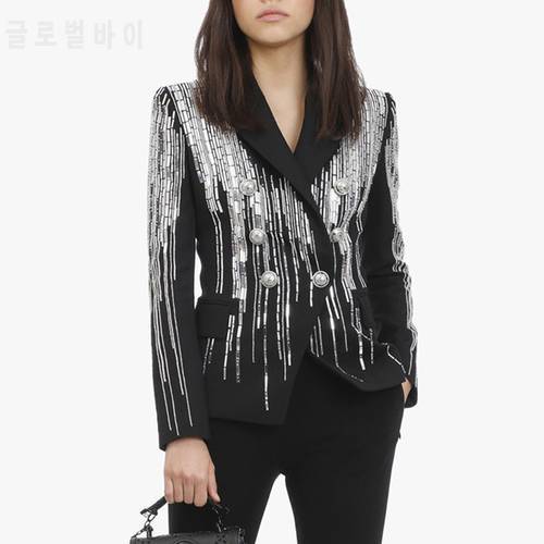 HIGH QUALITY 2022 New Fashion Designer Blazer Women&39s Slim Fitting Double Breasted Luxurious Stunning Metallic Beaded Jacket