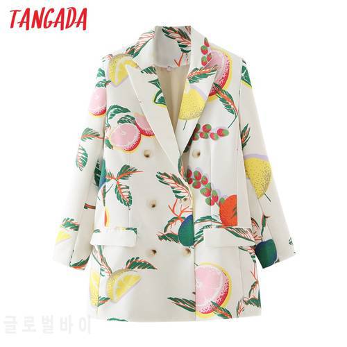 Tangada Women 2020 Fashion Fruit Print Blazer Coat Vintage Double Breasted Long Sleeve Female Outerwear Chic Tops DA139