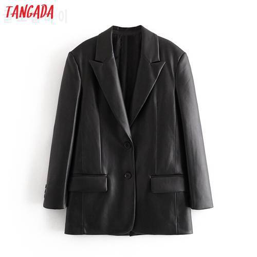 Tangada Women Black Faux Leather Blazer Coat Vintage Notched Collar Long Sleeve 2020 Fashion Female Loose Chic Tops QN37
