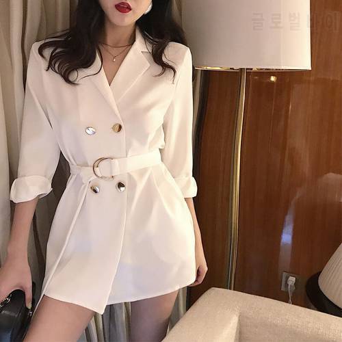 JuneLove Spring Women Solid Sashes Blazers Office Ladies Elegant Double Breasted Blazer Korean Harajuku jackets Dress Vestidos