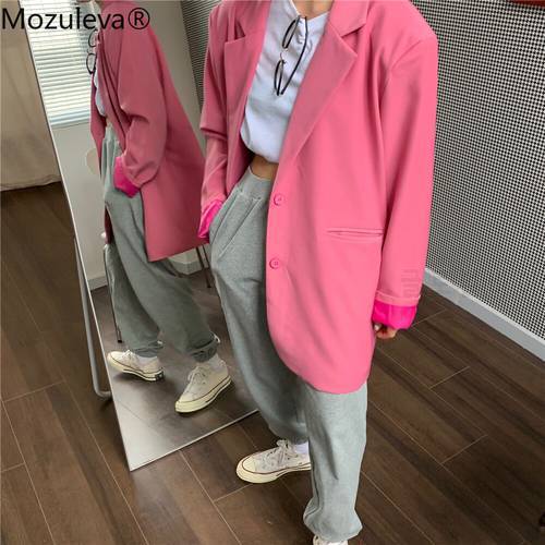 Mozuleva 2022 Chic Loose Light Pink Women Blazer Autumn Spring Single Buttons Female Oversized Suit Jacket Full Sleeve Outwear