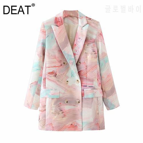 [DEAT]Women Printed Mixed Color Double Breasted Blazer New Lapel Long Sleeve Loose Jacket Fashion Tide Spring Autumn 2021 13T870