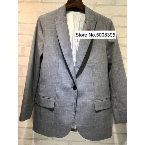Woman Grey Checked Blazer Single Button Long Sleeves Lapel Collar with Brooch Patch Fashion Suits 2020