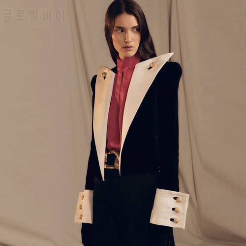 HIGH QUALITY 2022 New Fashion Designer Blazer Women&39s Big Collar Color Block Velvet Blazer Short Jacket