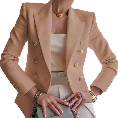Khaki Blazer Women Office Work Formal Double Breasted Gold Button Blazers Casual Women Blazer High Quality dropship