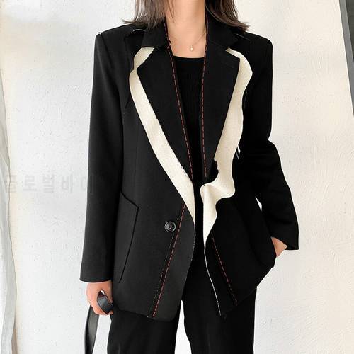 [EWQ] 2021 Spring Women Spliced Hit Color Temperament Blazer New Lapel Long Sleeve Loose Fit Jacket Fashion Ladies Office Coat