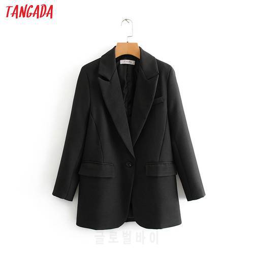 Tangada fashion women black suit blazer long sleeve pocket office lady business coat female retro tops DA45