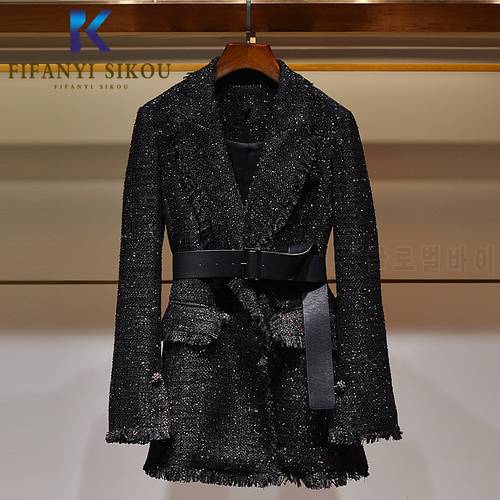2020 Autumn Winter Women Blazer Jacket Designer Fashion Single Breasted Belt Black Suit Jacket Lady Elegant Formal Blazers Coat