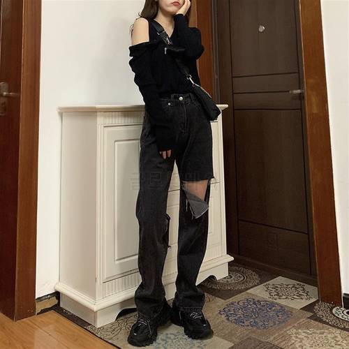 5XL 2022 street autumn korean vintage women loose ripped denim jeans womens black high waist straight jeans for women