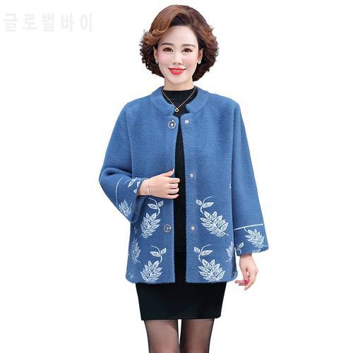 Women Winter Cashmere Woolen Coat New Knitted Cardigan Faux Mink Fur Sweater Middle-aged Mother Thicked Outerwear Jacket W2181