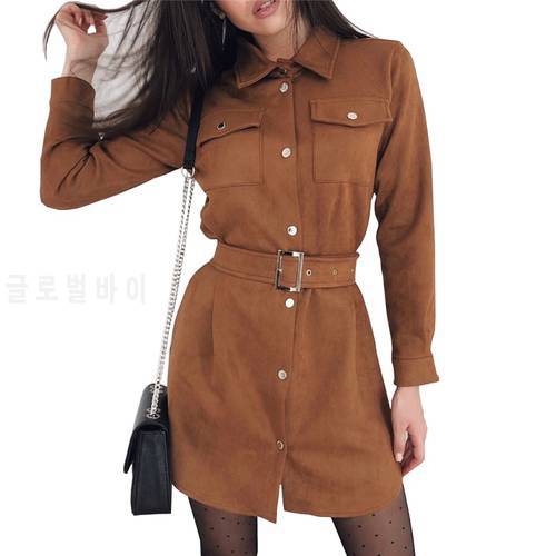 TAOVK Autumn Women&39s dresses Solid Color Single Breasted Turn Down Collar Long Sleeve Suede women Dress with Belt