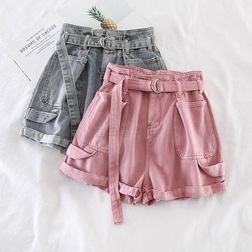 Retro Denim Shorts Women Spring Summer Wide Leg Shorts With Belt Casual Hotpants Pink White Jeans High Waist Women Shorts C6129