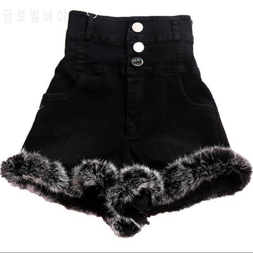 Fashionable high-waisted fur stitching denim shorts women autumn winter rabbit fur comfortable wide leg shorts