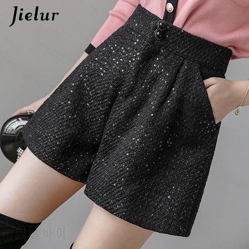 Jielur Women Shorts Autumn Winter Slim High Waist Shorts Black Womens Sequin Chic Korean Pockets Short Trousers S-XXL