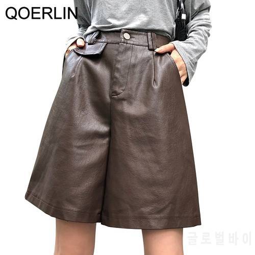 QoerliN 2020 New PU Leather Shorts High Waisted Bermuda Shorts Faux Leather Loose Shorts Loose Casual Street Wear Bicycle Shorts
