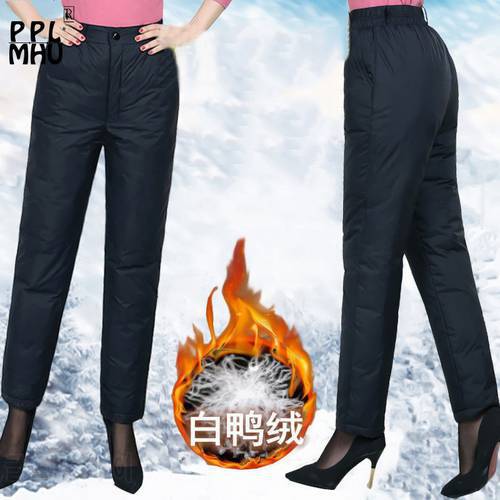 Middle-Aged 5xl Oversized Cotton Pants Women Winter Black Straight Thick Warm Pantalones Office Lady High Waist Snow Trousers