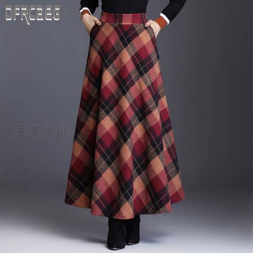 New Plaid Elegant Vintage Thick Woolen Skirt With Lining 2021 Winter Elastic High Waist A-Line Pockets Midi Skirts For Women