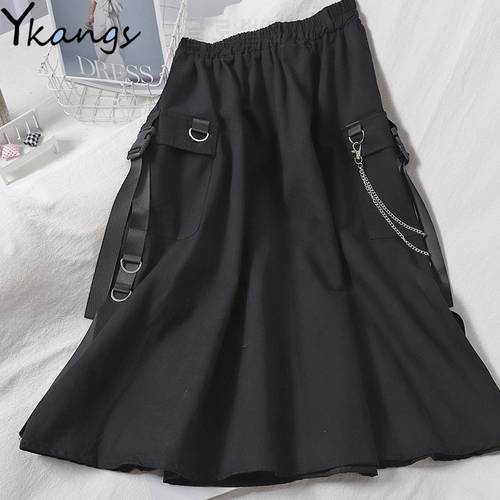 Harajuku High Waist Loose A-line Cargo Skirt Women Pocket Solid Midi Long Black Skirt Fashion Korean Hip Hop Chain Streetwear