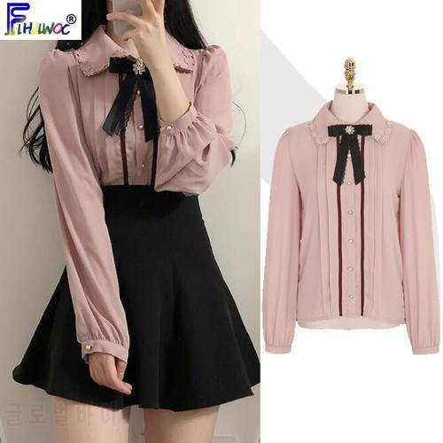 2022 Spring Women&39s Cute Tops Preppy Style Vintage Japaneses Korea Design Button Elegant Formal Shirts Blouses Pink White 12020