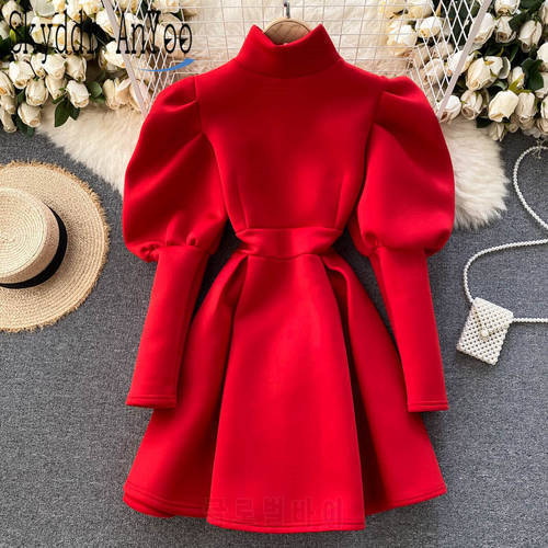 2022 Autumn Winter Puff Long Sleeve Dresses For Women Party Christmas Turtleneck Slim A-Line Elegant New Year Woman Red Dress