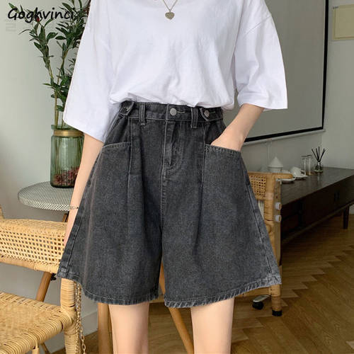 Shorts Women Summer Denim Wide-leg Buttons Vintage Washed High-waist Solid A-line Loose All-match Womens BF Ulzzang Slim Chic